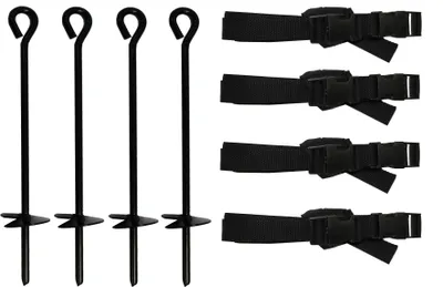 Produktbild von walexo Trampolin Bodenankerset – 3, 4 oder 6 Erdanker mit Spannbändern – 31 cm Lange Erdanker – sichere Befestigung für Gartent (4 x Befestigungs-Set)