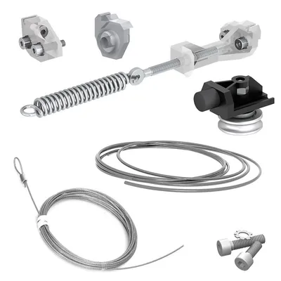 A collection of hardware components for a sliding door mechanism, including a spring, cables, bolts, and mounting brackets, arranged on a white background.