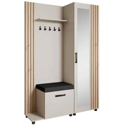Produktbild von Garderoben-Set LIVIA Links Kaschmir – Garderobenschrank mit Spiegel, Aufhängern, Schuhschrank, Lamellen in Eiche Artisan, Sitzbank und Hochschrank