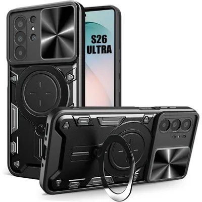 Image de Coque pour Samsung Galaxy S26 Ultra, Rigide avec Anneau et Protection Objectif Coulissante - Noir