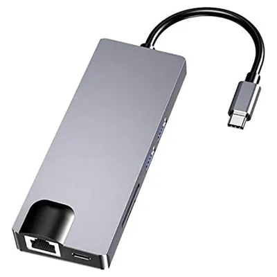Produktbild von USB-C Hub Multiport Adapter HW-TC12, 8-in-1 Typ-C Dockingstation, HDMI/VGA, Kartenleser, Netzwerkadapter, Multifunktions USB-C Hub