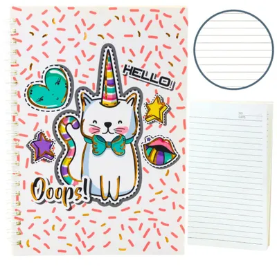 Produktbild von Notizbuch Notizbuch liniert Katze Einhorn rosa Muster weiß A5 60 Blatt