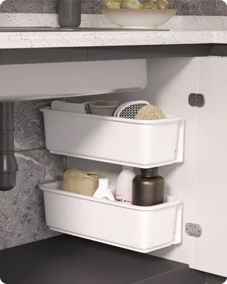 Image de Paniers coulissants pour cuisine ou salle de bain - Rangement pour armoire - Lot de 2 - Blanc - Plastique