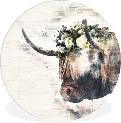 Produktbild von MuchoWow® Rundes Wandbild - Runde Bilder Schottischer Highlander - Schottische Kuh - Blumen Ø 90 cm Kreis Wanddekoration Kunststoff - Wandkreis - Wandschmuck - Wand-Kreis - Wohnzimmer - Bild - Runde - Wanddeko - Dibond - Kunstdrucke
