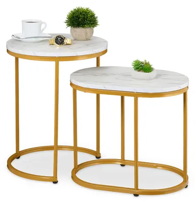 Beistelltisch-Set 2er, rund & oval, Marmoroptik, Metallbeine, Weiß-Gold
