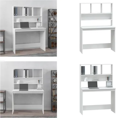A white desk with a hutch and shelves, shown in a studio setting.