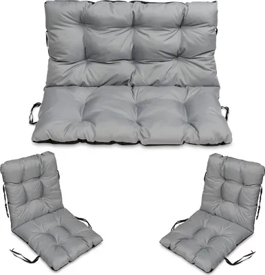 Three gray cushions for a bench and chairs are displayed against a white background.