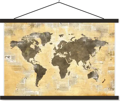 Produktbild von MuchoWow® Textilposter Weltkarte - Zeitung - Gold 90x60 cm mit schwarzem Rahmen - Aufhängungssatz