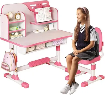 Produktbild von Kinderschreibtisch und Stuhl Set Höhenverstellbar Ergonomischer Mädchen Kinder Schreibtisch Rosa, Stauraum & Schublade, bis 300KG Belastbar, für Kind von 3–18 Jahren