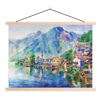 Produktbild von MuchoWow® Textilposter Gemälde - Ölfarbe - Haus - Berge - Wasser 60x45 cm mit holzfarbenen Rahmen - Bild