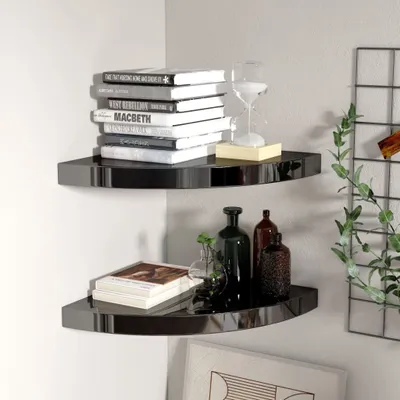 Image de The Living Store Étagères coulissantes d'angle 2 pcs. Noir brillant 35x35x3,8 cm MDF