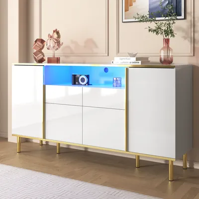 Produktbild von STILVORA Sideboard Beistellschrank mit 1 Schublade,Aufbewahrungsschrank mit komfortabler LED-Beleuchtung,hochglänzende schwarze Kommode,weiß