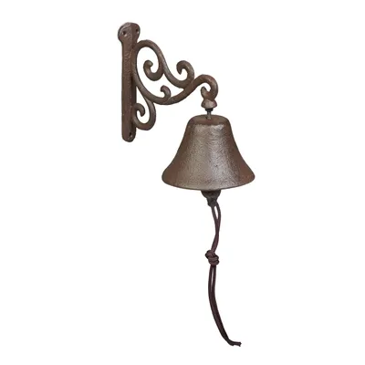 Produktbild von Relaxdays Türglocke Gusseisen, antikes Design, Gartenglocke Vintage, mit Kordel, Glocke für draußen, Wandglocke, braun