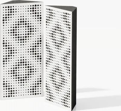 Two triangular acoustic bass traps with a perforated pattern are shown against a white background.