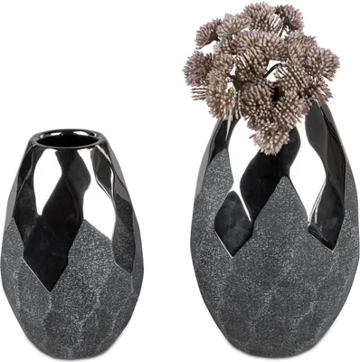 Produktbild von 2er Set Deko Vasen ANTHRAZIT konisch rund 17 + 21cm silber grau Keramik Formano