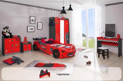 Produktbild von Kinderzimmer komplett Set Autobett Rio 5 teilig Rot , Sportsitze:inkl. Sportsitze, Matratze:ohne Matratze, Bettwäsche:ohne Bettwäsche, Wandregal:ohne Wandregal