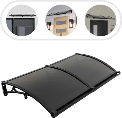 Zdjęcie produktu dla Daszek nad drzwiami i oknami – montaż naścienny – 120×60 cm – rynna odprowadzająca wodę – stop aluminium – ochrona przed deszczem i słońcem – czarny/brązowy