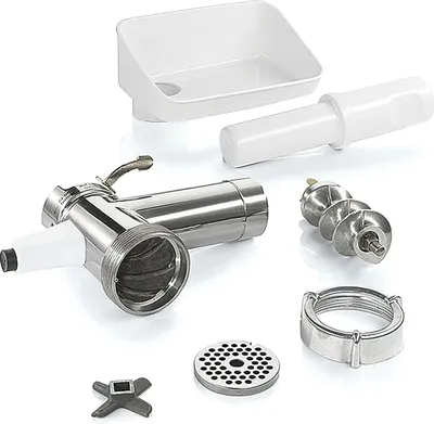 A collection of parts for a meat grinder, including the main body, auger, cutting plate, blade, locking ring, pusher, and tray, arranged on a white background.