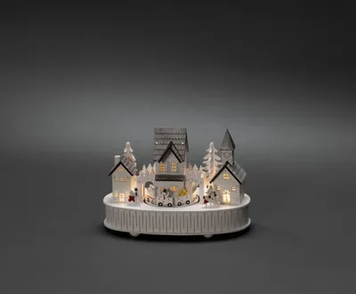 Produktbild von Konstsmide LED Holzsilhouette "Haus und Kirche", weiß, mit Spieluhr und 6h Timer, 5 warm weiße Dioden, batteriebetrieben, Innen, Batterie: 2 x AA 1,5V (exkl.) - 3269-210