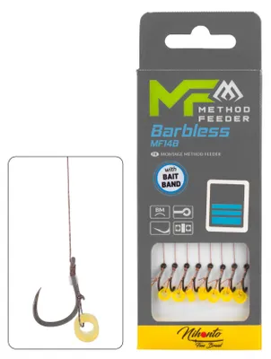 Produktbild von 8x 10cm MIKADO METHOD FEEDER MF14 BARBLESS Haken Rig`s mit Bait Band geflochtener Schnur #4 / 0,18mm