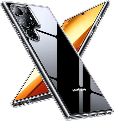 A clear phone case is shown with a phone inside, angled to show the camera and the phone's screen.