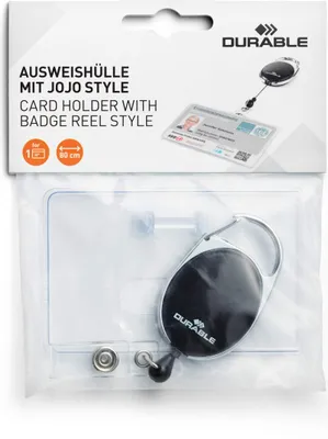 The product is shown in its retail packaging, with the card holder and badge reel clearly visible inside.
