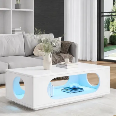 Obrázek produktu pro okwish konferenční stolek s LED osvětlením ovládaným aplikací odkládací stolek s otevřeným úložným prostorem designový stůl bílá