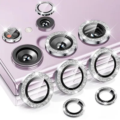 Immagine prodotto di Per Samsung Galaxy S24 Ultra Alluminio Glitter Anello Fotocamera + H9 Vetro Temperato Duro Argento