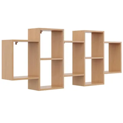 A light brown wooden wall shelf with multiple open compartments, displayed against a white background.