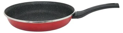 A red frying pan with a black handle is shown against a white background.