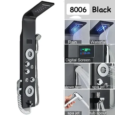 Produktbild von Duschpaneel, Regen- und Wasserfallfunktionen, LED-Temperaturanzeige, Schwarz 8006