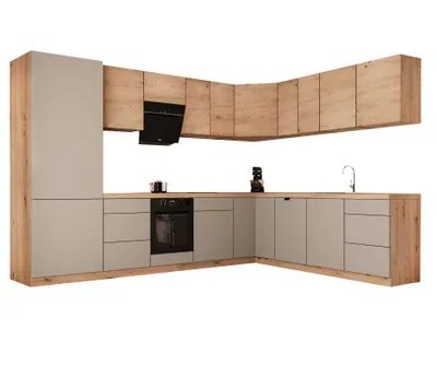 Produktbild von Winkelküche 320 x 260 cm mit Kühlumbauschrank L-Küche Einbauküche Küchenblock Ohne Arbeitsplatte, Langen KL14-M320,Beige/Artisan Eiche