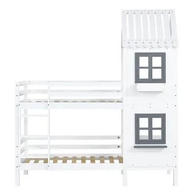 Produktbild von Kinderbett mit Handlauf Fenster Fallschutz und Gitter Etagenbett Hausbett Jugendbett für Mädchen und Jungen 90x200cm Weiß