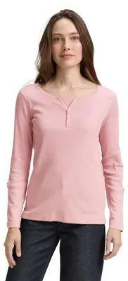 Produktbild von TOM TAILOR Damen Gestreiftes Langarmshirt mit Turn-up-Ärmeln und Henley-Ausschnitt Regular Fit Rückenlänge 63 cm
