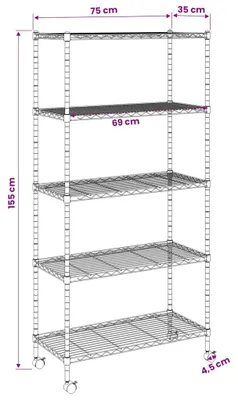 Imagen del producto de vidaXL Estantería de almacenamiento con 5 estantes y ruedas, 75x35x155 cm, color negro, capacidad de 250 kg