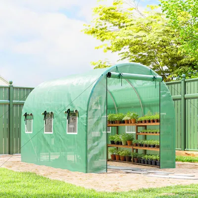 Produktbild von Foliengewächshaus 300x200x200 cm mit 2 Rolltüren, Tunnelgewächshaus Treibhaus PE-Folie verzinkter Stahl, Grün | 140 g/m² | 6 Netzfenster | 15,5 kg