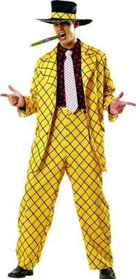 A man wearing a yellow pinstripe suit, a black and yellow hat, and a white polka dot tie, holding a cigar in his mouth.