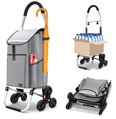 Produktbild von VOUNOT® Aluminium Einkaufstrolley Treppensteiger, Trolly Einkaufswagen Klappbar mit Haken 6 Räder, Grau