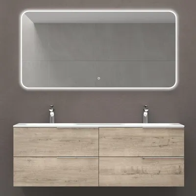 Produktbild von Mai & Mai Badmöbelset Waschbeckenunterschrank BTH: 144x48x52cm 4 Schubladen Eiche Greige mit Doppelwaschbecken und LED-Spiegel Vanessa