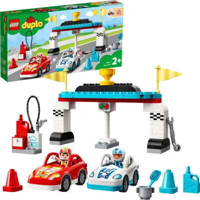 A LEGO Duplo racing car playset with a starting gate, two cars, and accessories.