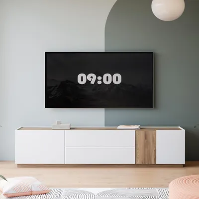 Produktbild von Forte LEWISVILLE TV Schrank 200 210, minimalisches Lowboard, Wohnzimmer, 2-türig, 2 Schubladen, Holzwerkstoff, Secret Grey | Valenica Eiche Holzdekor, 204,4 cm breit x 50,4 cm hoch x 41 cm tief