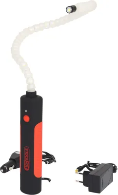 A black and red inspection lamp with a flexible white neck and an LED light at the end, shown with a car charger and a wall charger.