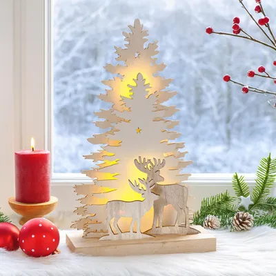 Produktbild von Beleuchtete Weihnachtsszene Rehe im Winterwald