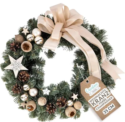 Produktbild von Creative Home Türkranz Champagner 35 cm Tannenkranz Künstlich Weihnachten Adventskranz Indoor & Outdoor Weihnachtskranz Türschmuck Weihnachtsdeko