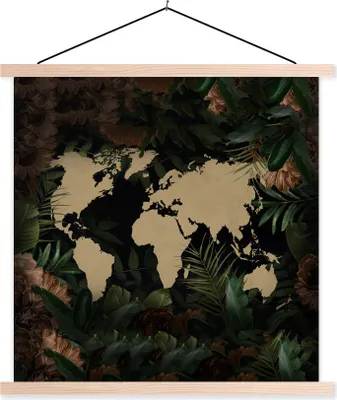 Produktbild von MuchoWow® Textilposter Weltkarte - Pflanzen - Blumen 120x120 cm mit holzfarbenen Rahmen - Textil-Poster