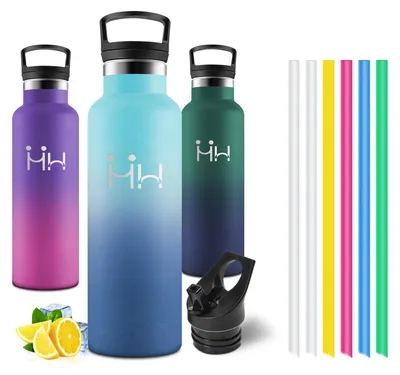 Produktbild von Edelstahl Trinkflasche 500 ml mit Strohhalm, doppelwandig, Isolierflasche, blau