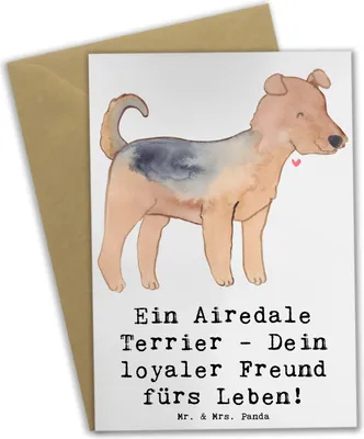 Produktbild von Mr. & Mrs. Panda Klappkarte Airedale Terrier - Weiß - Geschenk, Hunderassen, dankeskarten, vierbeiniger Freund, Hunderasse, einladungskarten, osterkarten, Hundeliebhaber