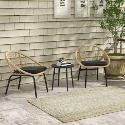 Produktbild von Gelb 70x63x73cm 3-tlg. Rattan Gartenmoebel-Set Balkonmoebel-Set Mit Couchtisch & 2 Stuehlen Sitzgarnitur Mit Kissen Wetterfest