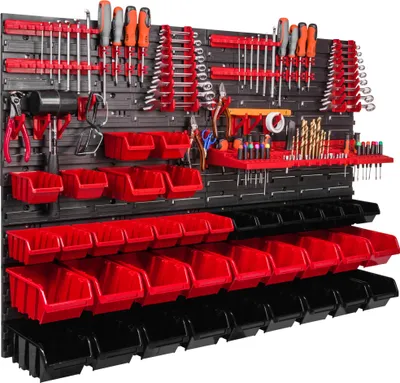 Image de Panneau d'outils mural 115x78 cm avec 38 pcs. Boîtes de suspension avec jeu de supports en plastique