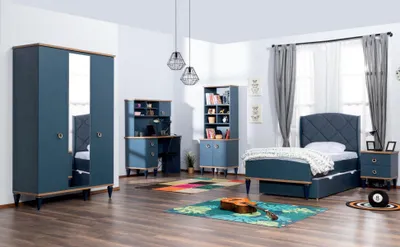 Productafbeelding van Blaues Kinderzimmer Set Bett Nachttisch Kleiderschrank Regal Schreibtisch